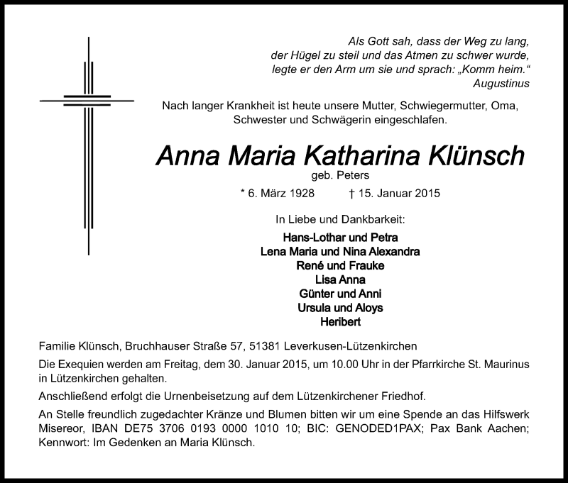  Traueranzeige für Anna Maria Katharina Klünsch vom 24.01.2015 aus Kölner Stadt-Anzeiger / Kölnische Rundschau / Express