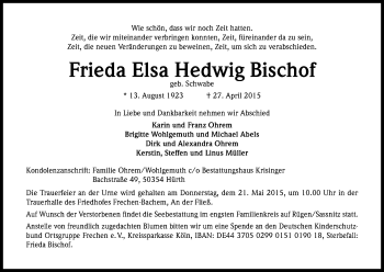 Anzeige von Frieda Elsa Hedwig Bischof von Kölner Stadt-Anzeiger / Kölnische Rundschau / Express