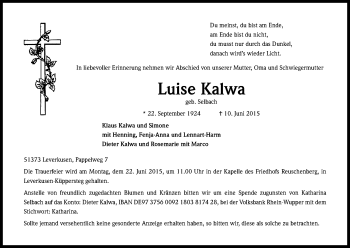 Anzeige von Luise Kalwa von Kölner Stadt-Anzeiger / Kölnische Rundschau / Express