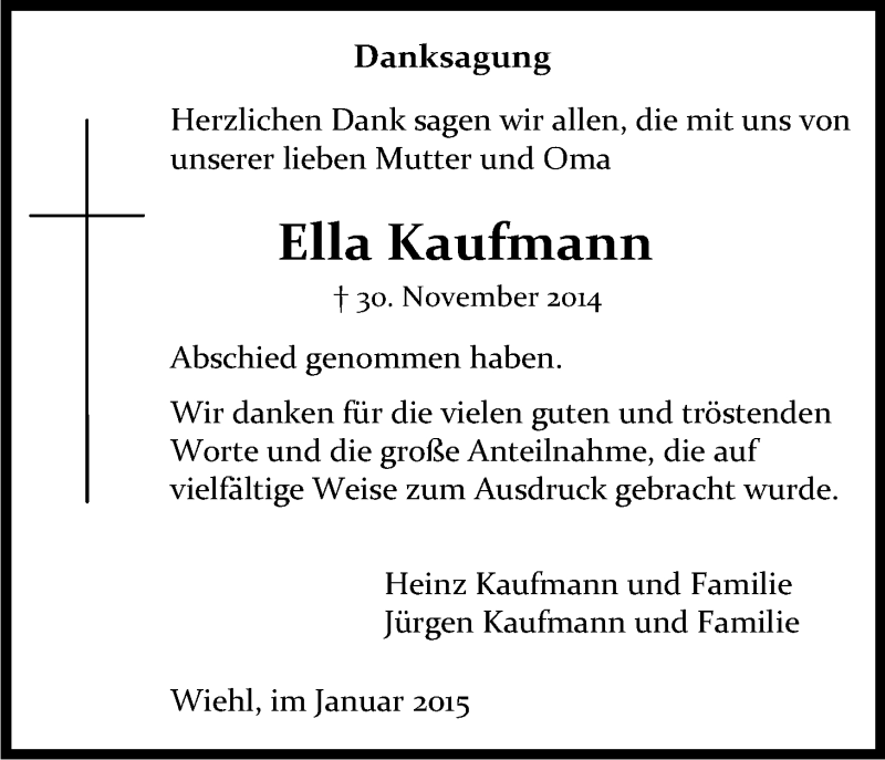  Traueranzeige für Ella Kaufmann vom 24.01.2015 aus Kölner Stadt-Anzeiger / Kölnische Rundschau / Express