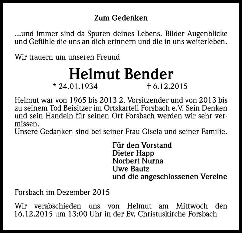  Traueranzeige für Helmut Bender vom 12.12.2015 aus Kölner Stadt-Anzeiger / Kölnische Rundschau / Express