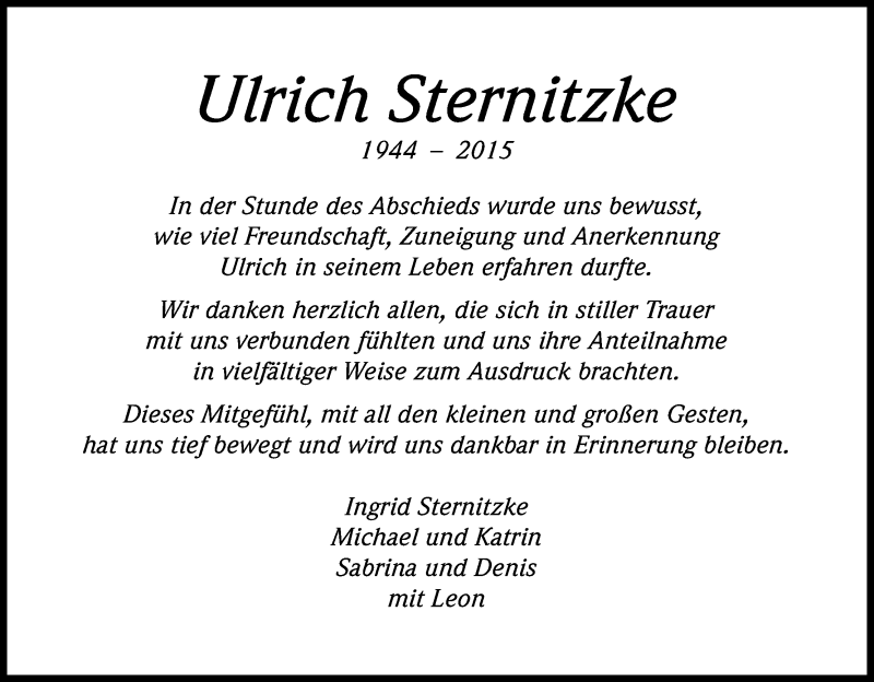  Traueranzeige für Ulrich Sternitzke vom 01.08.2015 aus Kölner Stadt-Anzeiger / Kölnische Rundschau / Express
