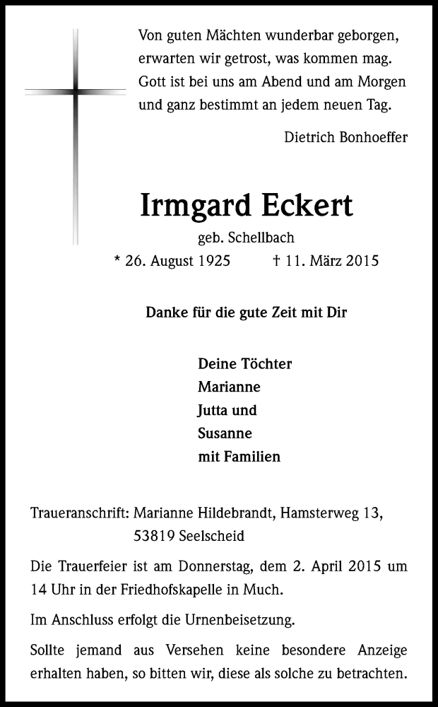  Traueranzeige für Irmgard Eckert vom 21.03.2015 aus Kölner Stadt-Anzeiger / Kölnische Rundschau / Express