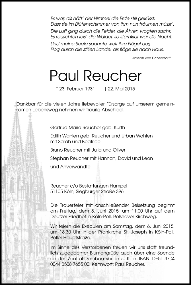  Traueranzeige für Paul Reucher vom 30.05.2015 aus Kölner Stadt-Anzeiger / Kölnische Rundschau / Express