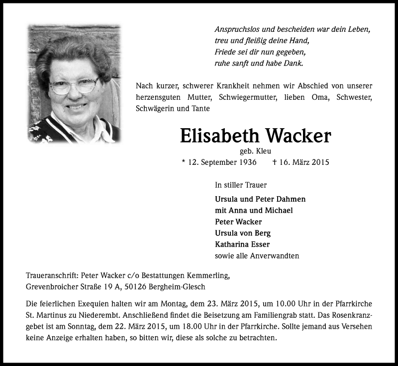  Traueranzeige für Elisabeth Wacker vom 20.03.2015 aus Kölner Stadt-Anzeiger / Kölnische Rundschau / Express