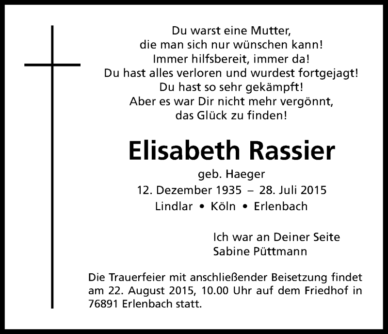  Traueranzeige für Elisabeth Rassier vom 19.08.2015 aus Kölner Stadt-Anzeiger / Kölnische Rundschau / Express