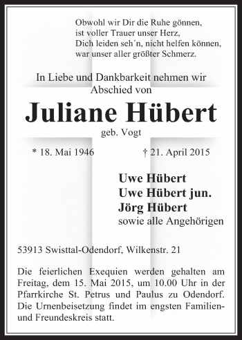 Anzeige von Juliane Hübert von  Schaufenster/Blickpunkt 