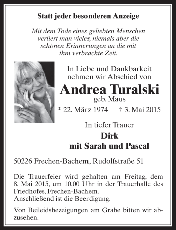 Anzeige von Andrea Turalski von  Wochenende 