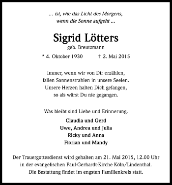 Anzeige von Sigrid Lötters von Kölner Stadt-Anzeiger / Kölnische Rundschau / Express