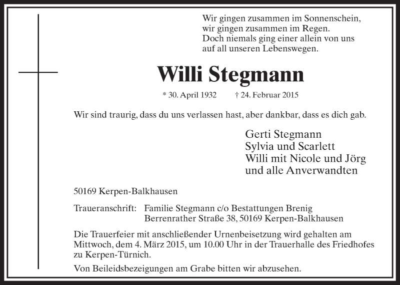  Traueranzeige für Willi Stegmann vom 28.02.2015 aus  Sonntags-Post 
