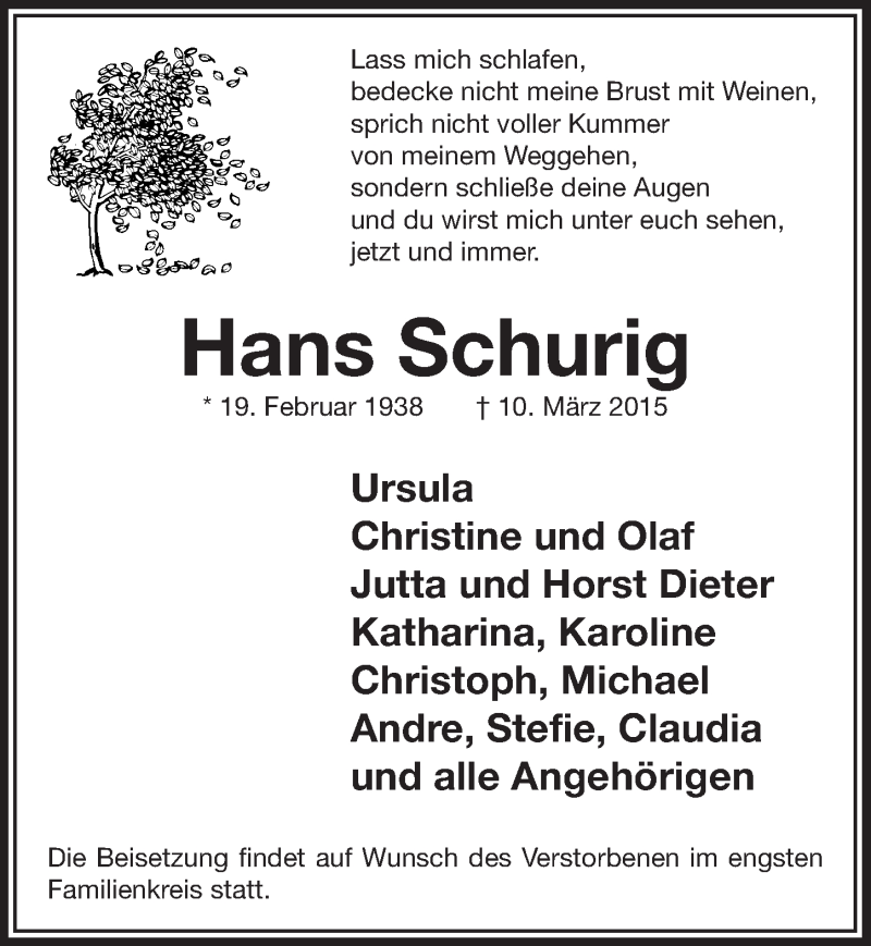  Traueranzeige für Hans Schurig vom 18.03.2015 aus  Lokalanzeiger 