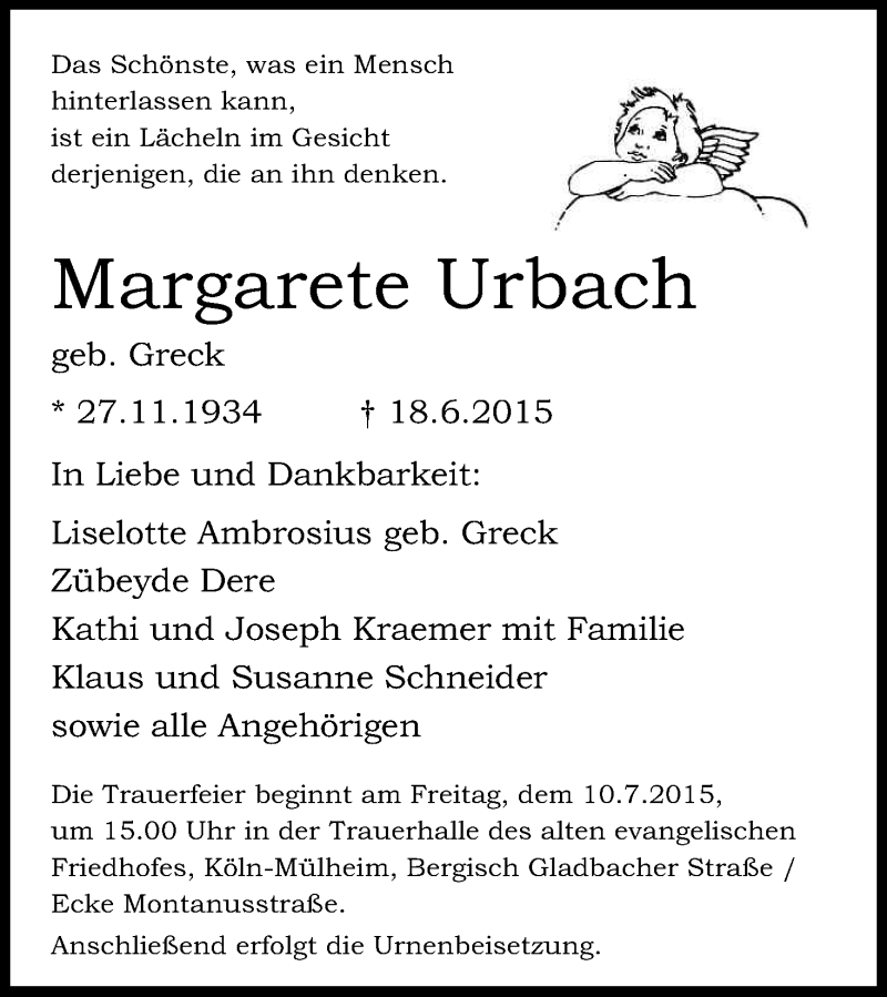  Traueranzeige für Margarete Urbach vom 04.07.2015 aus Kölner Stadt-Anzeiger / Kölnische Rundschau / Express