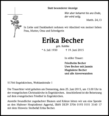 Anzeige von Erika Becher von Kölner Stadt-Anzeiger / Kölnische Rundschau / Express