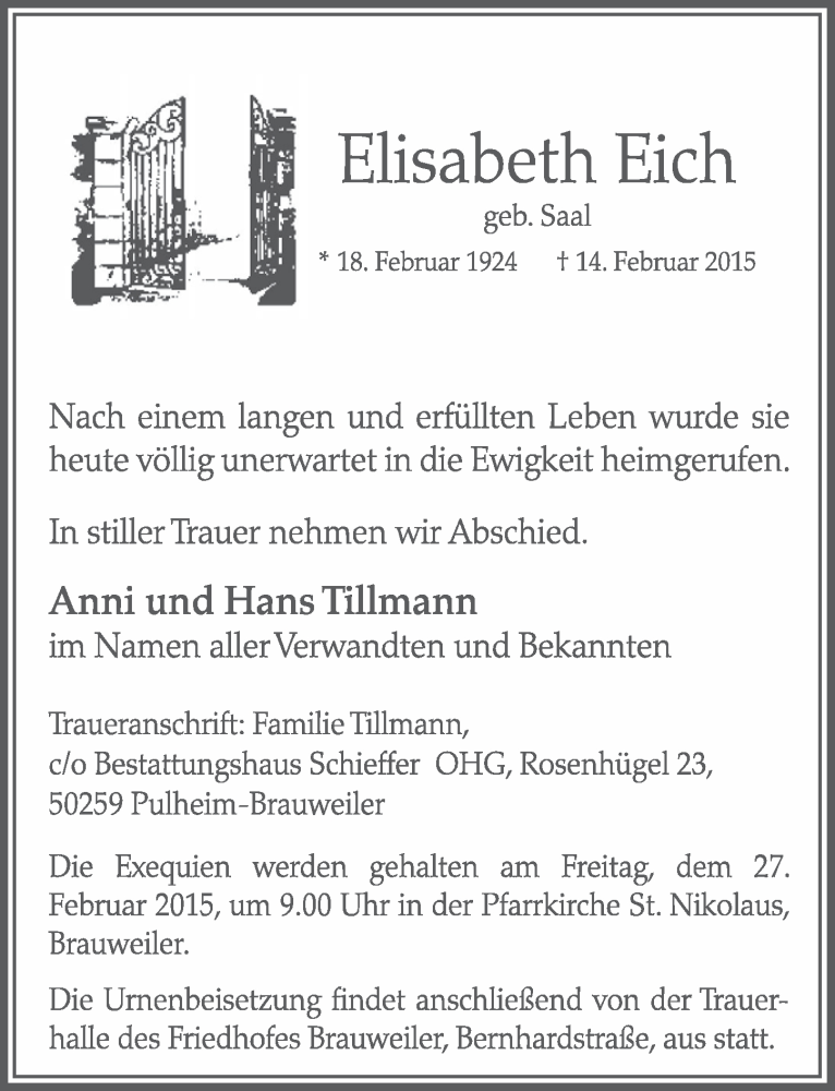  Traueranzeige für Elisabeth Eich vom 25.02.2015 aus  Werbepost 