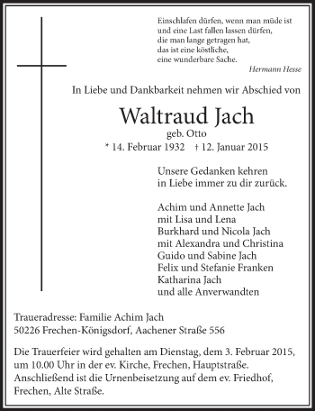 Anzeige von Waltraud Jach von  Sonntags-Post 