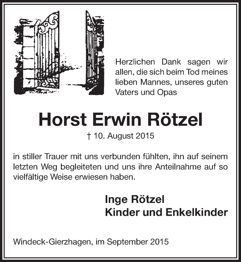  Traueranzeige für Horst Erwin Rötzel vom 16.09.2015 aus  Lokalanzeiger 
