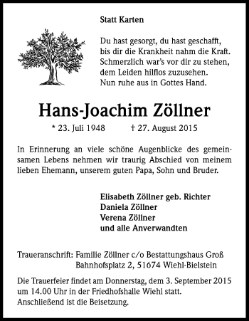 Anzeige von Hans-Joachim Zöllner von Kölner Stadt-Anzeiger / Kölnische Rundschau / Express