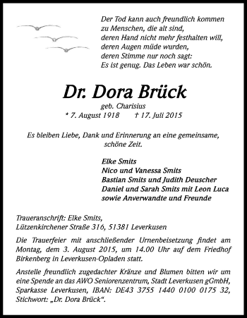 Anzeige von Dora Brück von Kölner Stadt-Anzeiger / Kölnische Rundschau / Express