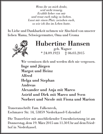 Anzeige von Hubertine Hansen von  Extra Blatt 