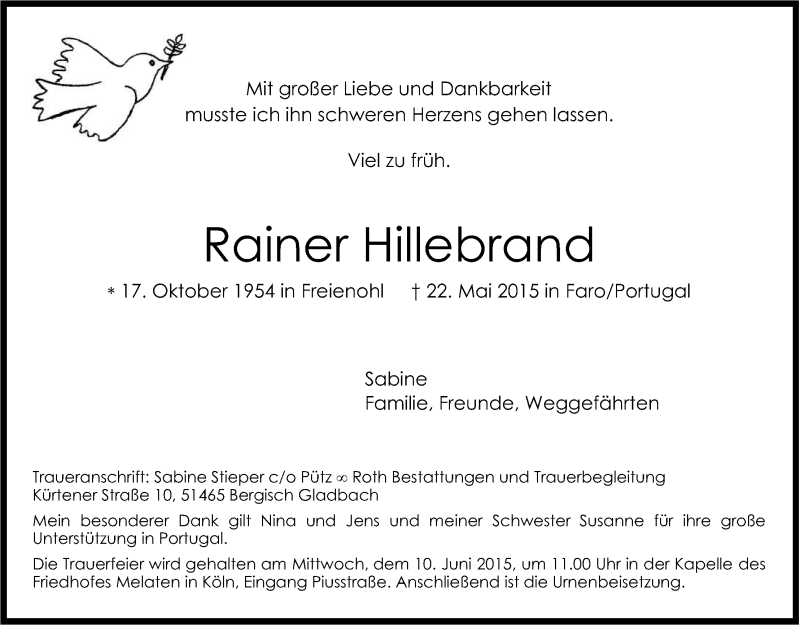  Traueranzeige für Rainer Hillebrand vom 06.06.2015 aus Kölner Stadt-Anzeiger / Kölnische Rundschau / Express
