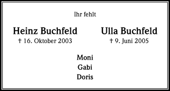 Anzeige von Heinz und Ulla Buchfeld von Kölner Stadt-Anzeiger / Kölnische Rundschau / Express