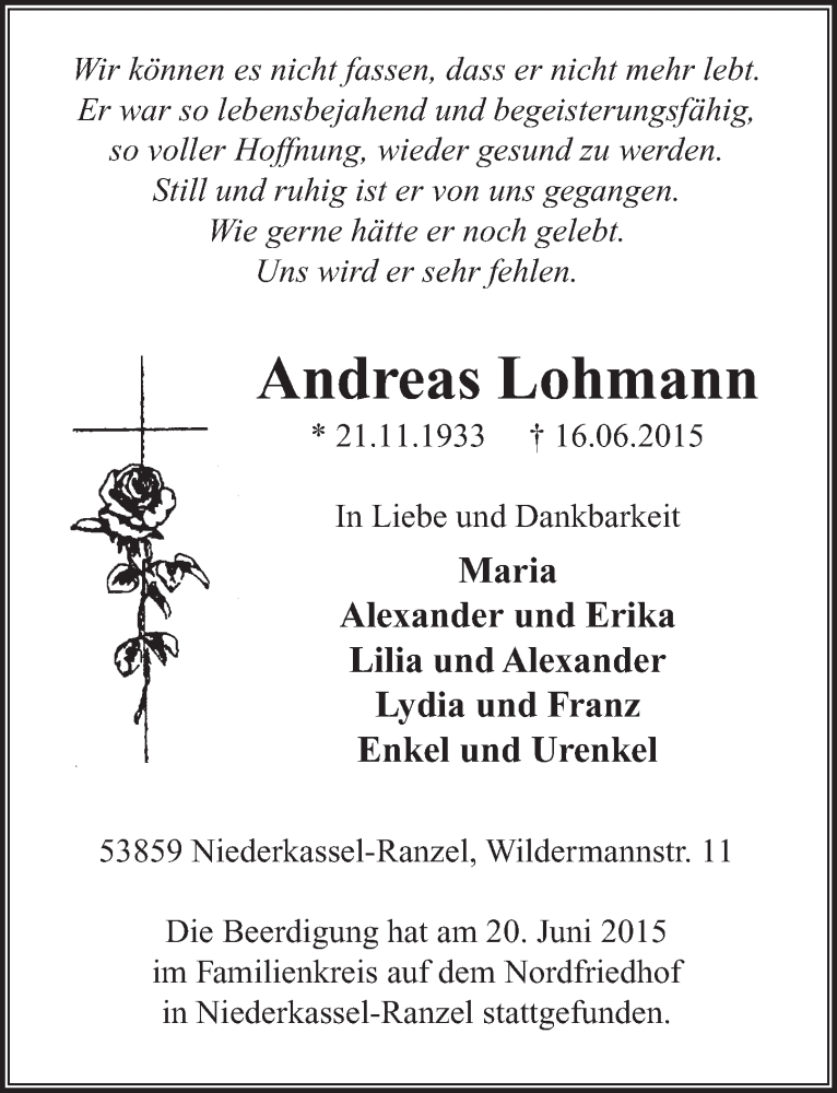  Traueranzeige für Andreas Lohmann vom 20.06.2015 aus  Rhein-Sieg-Wochenende 