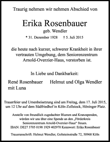 Anzeige von Erika Rosenbauer von Kölner Stadt-Anzeiger / Kölnische Rundschau / Express