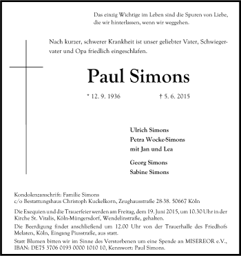 Anzeige von Paul Simons von Kölner Stadt-Anzeiger / Kölnische Rundschau / Express