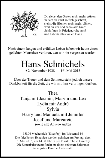 Anzeige von Hans Schnichels von Kölner Stadt-Anzeiger / Kölnische Rundschau / Express