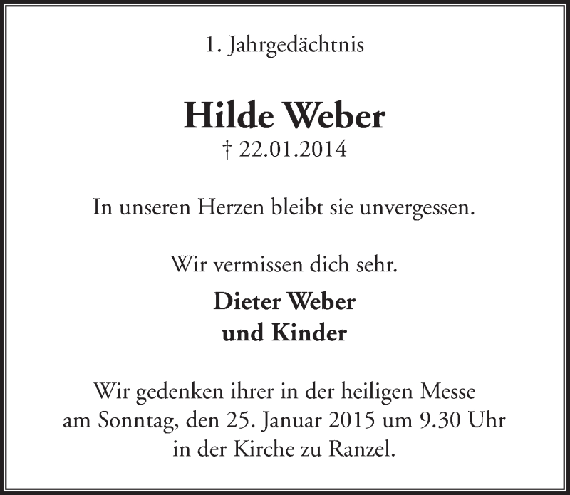  Traueranzeige für Hilde Weber vom 21.01.2015 aus  Extra Blatt 