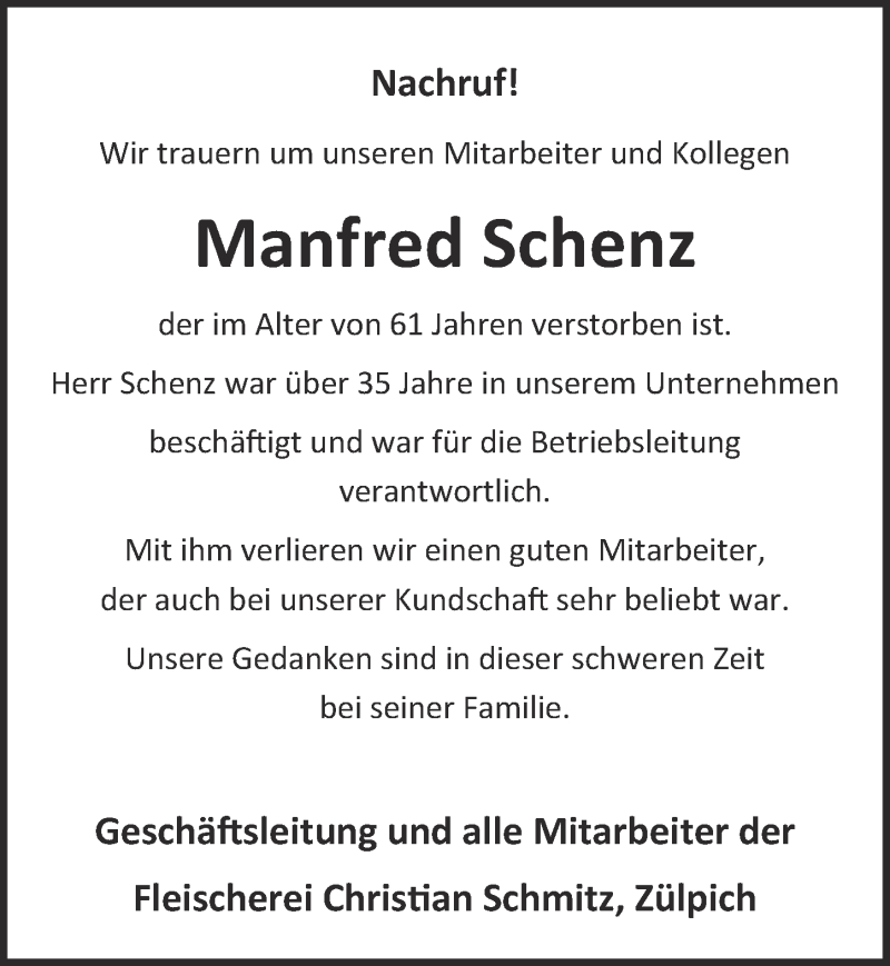  Traueranzeige für Manfred Schenz vom 01.11.2015 aus  Blickpunkt Euskirchen 