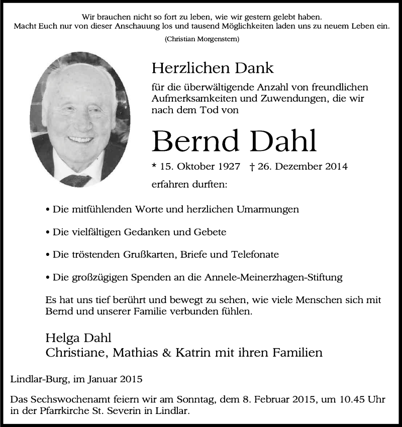  Traueranzeige für Bernd Dahl vom 31.01.2015 aus Kölner Stadt-Anzeiger / Kölnische Rundschau / Express