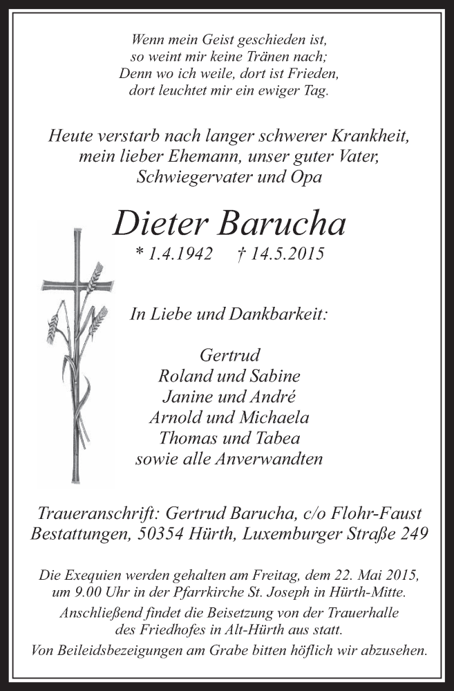  Traueranzeige für Dieter Barucha vom 20.05.2015 aus  Wochenende 
