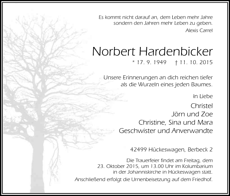  Traueranzeige für Norbert Hardenbicker vom 17.10.2015 aus Kölner Stadt-Anzeiger / Kölnische Rundschau / Express