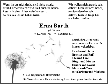 Anzeige von Erna Barth von Kölner Stadt-Anzeiger / Kölnische Rundschau / Express