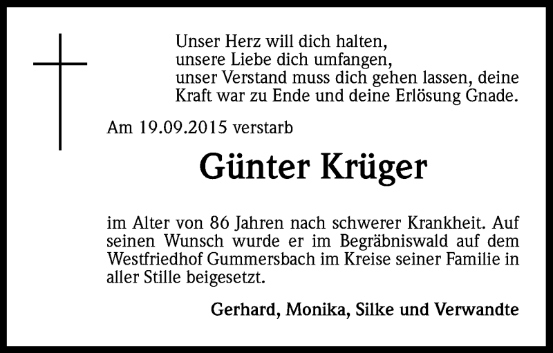  Traueranzeige für Günter Krüger vom 02.10.2015 aus Kölner Stadt-Anzeiger / Kölnische Rundschau / Express