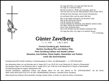 Anzeige von Günter Zavelberg von Kölner Stadt-Anzeiger / Kölnische Rundschau / Express