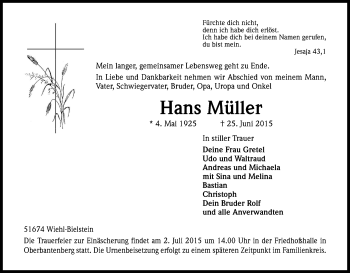 Anzeige von Hans Müller von Kölner Stadt-Anzeiger / Kölnische Rundschau / Express