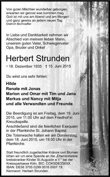 Anzeige von Herbert Strunden von Kölner Stadt-Anzeiger / Kölnische Rundschau / Express