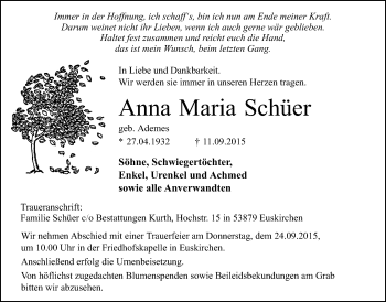 Anzeige von Anna Maria Schüer von  Blickpunkt Euskirchen 