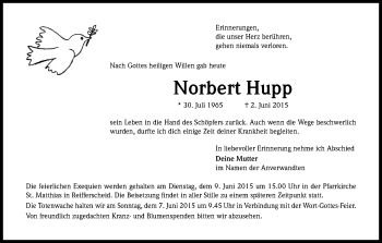 Anzeige von Norbert Hupp von Kölner Stadt-Anzeiger / Kölnische Rundschau / Express