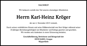 Anzeige von Karl-Heinz Kröger von Köln - Wir Trauern