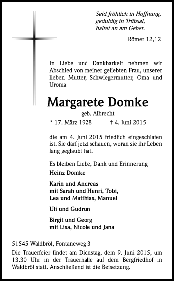 Anzeige von Margarete Domke von Kölner Stadt-Anzeiger / Kölnische Rundschau / Express