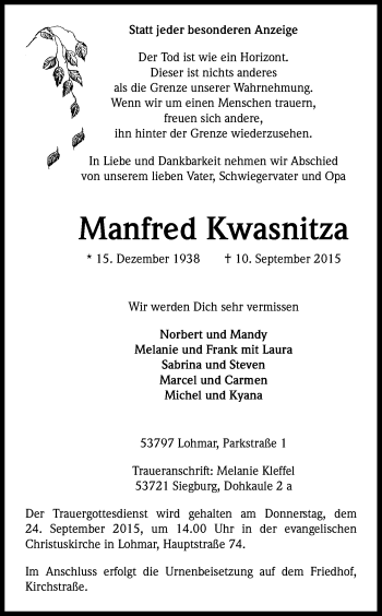 Anzeige von Manfred Kwasnitza von Kölner Stadt-Anzeiger / Kölnische Rundschau / Express