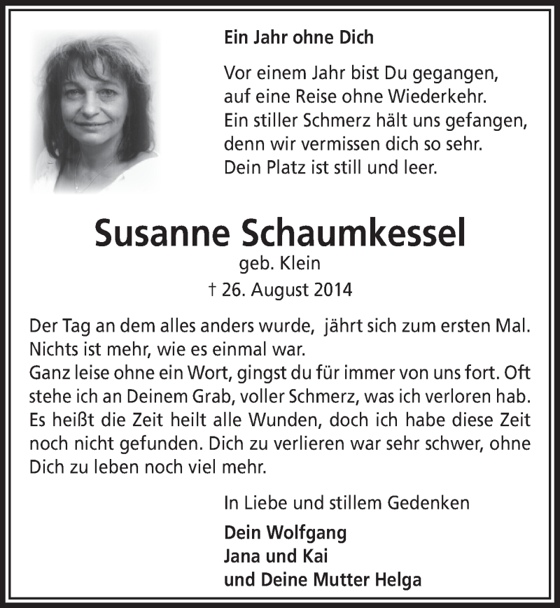 Traueranzeige für Susanne Schaumkessel vom 26.08.2015 aus  Lokalanzeiger 