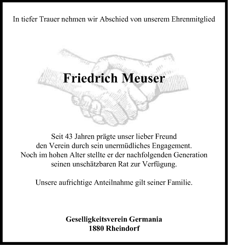  Traueranzeige für Friedrich Meuser vom 16.11.2015 aus Köln - Wir Trauern