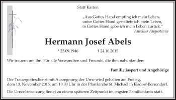 Anzeige von Hermann Josef Abels von  Sonntags-Post 