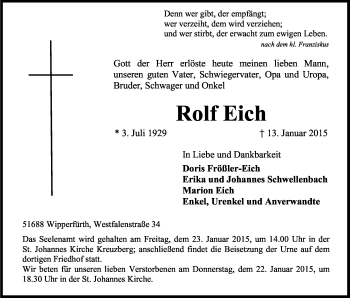 Anzeige von Rolf Eich von Kölner Stadt-Anzeiger / Kölnische Rundschau / Express