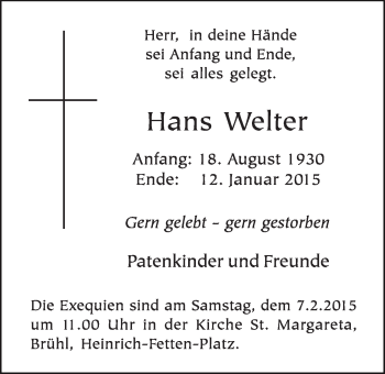 Anzeige von Hans Welter von  Schlossbote/Werbekurier 