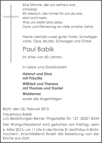 Anzeige von Paul Babik von  Schlossbote/Werbekurier 